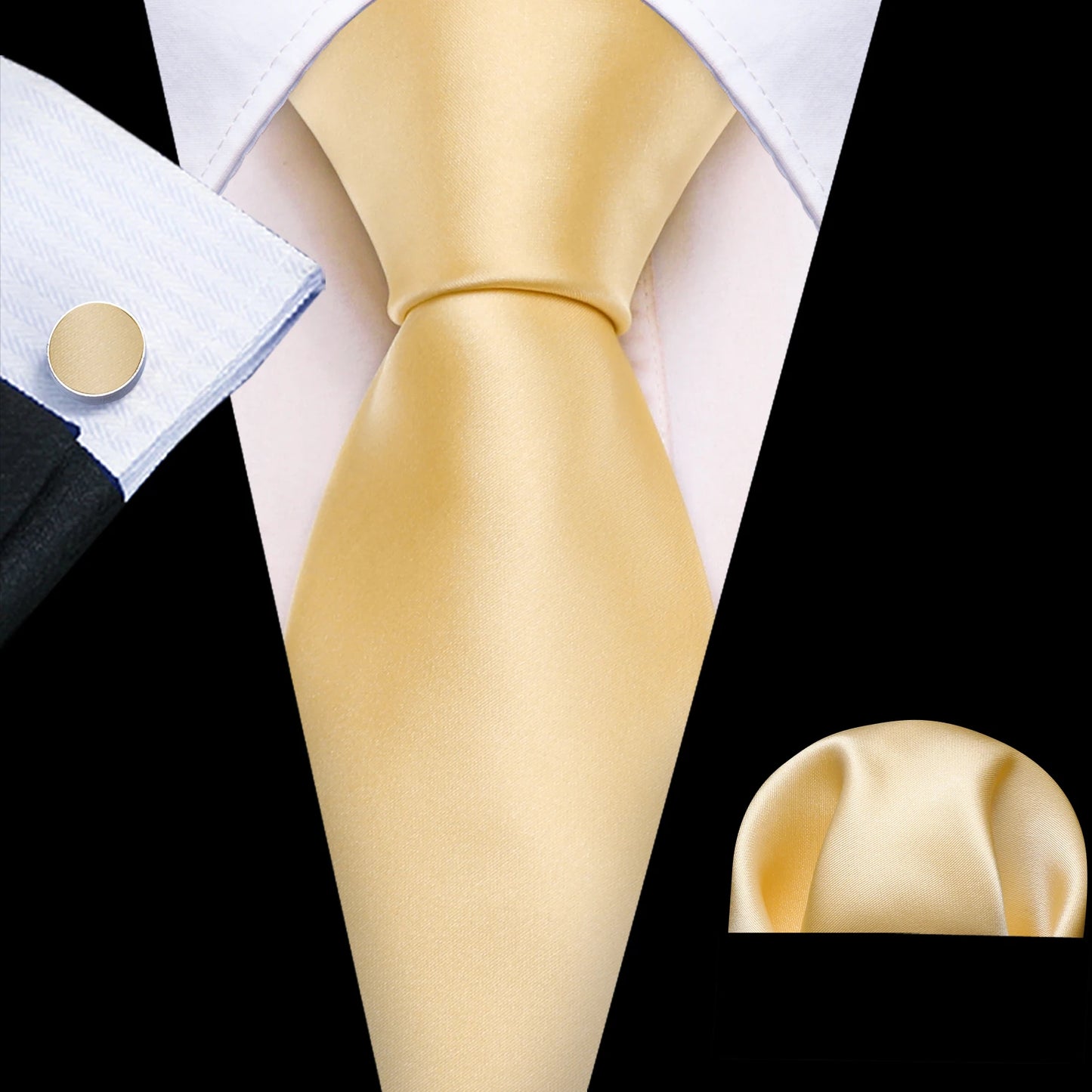 plain gold tie with cuff links and pocket square