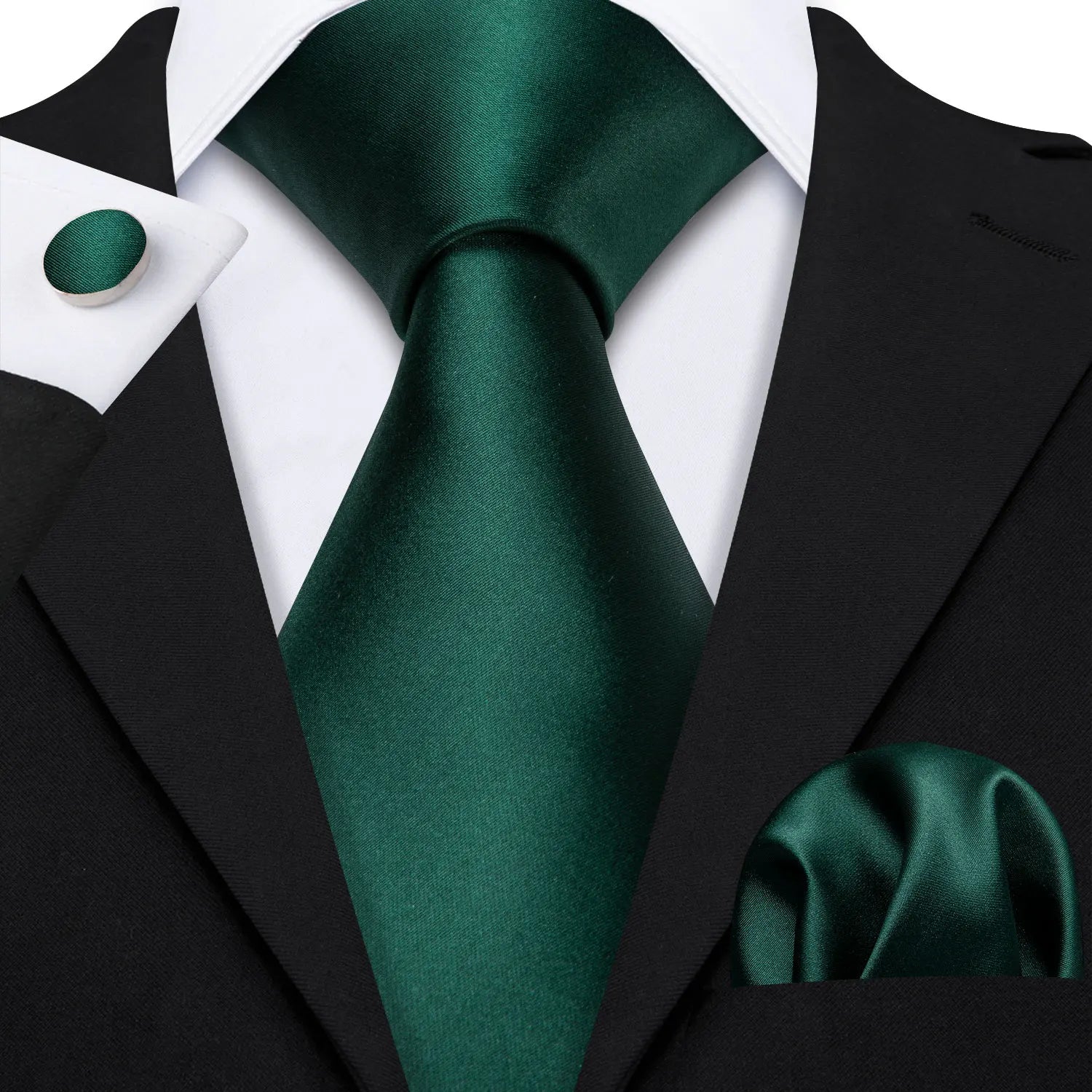 plain green tie with matching cuff links and pocket square