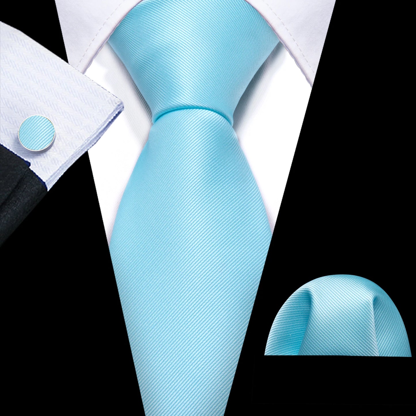 plain light blue tie with matching cuff links and pocket square