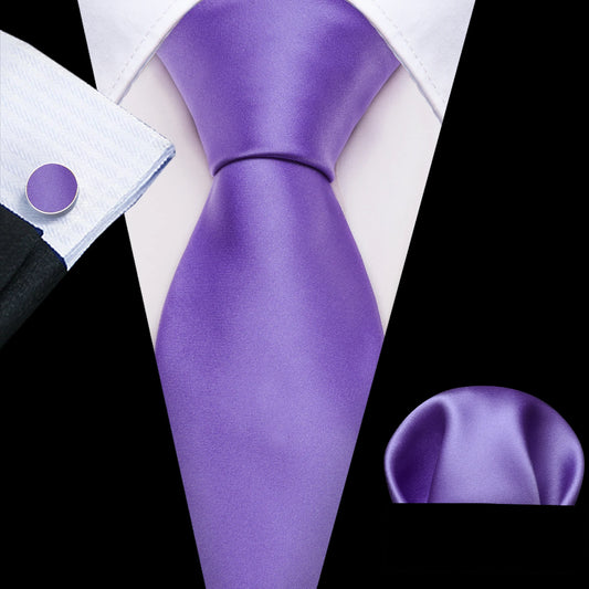 plain light purple tie with cuff links and pocket square