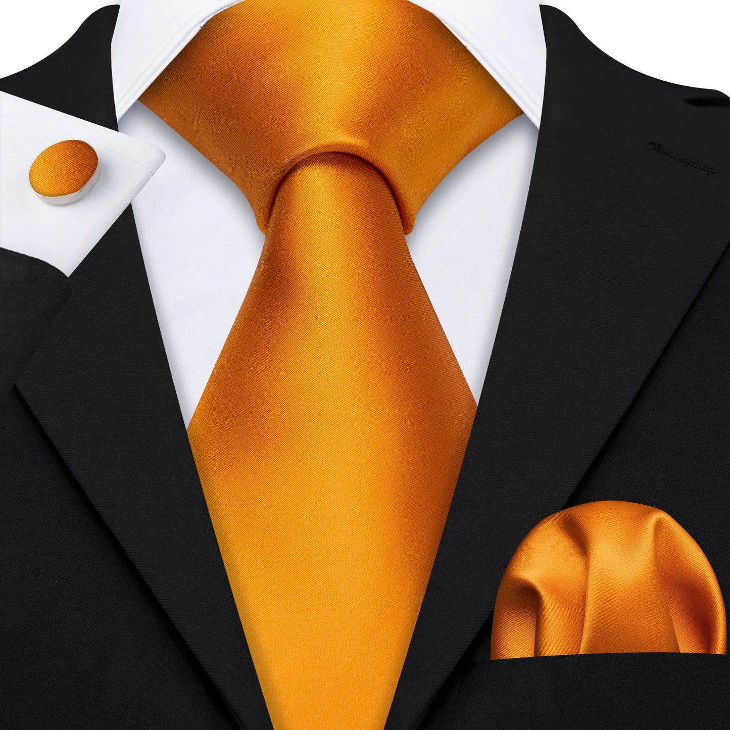 plain orange tie with cuff links and pocket square