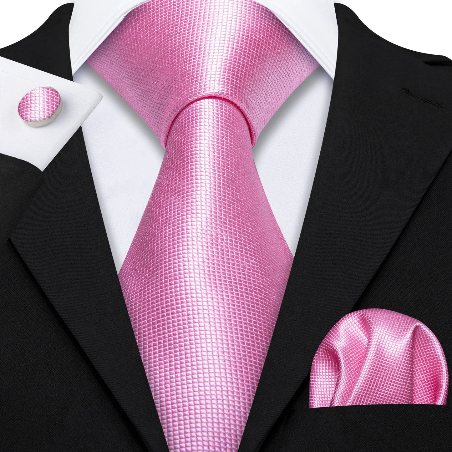 plain pink textured tie with cuff links and pocket square