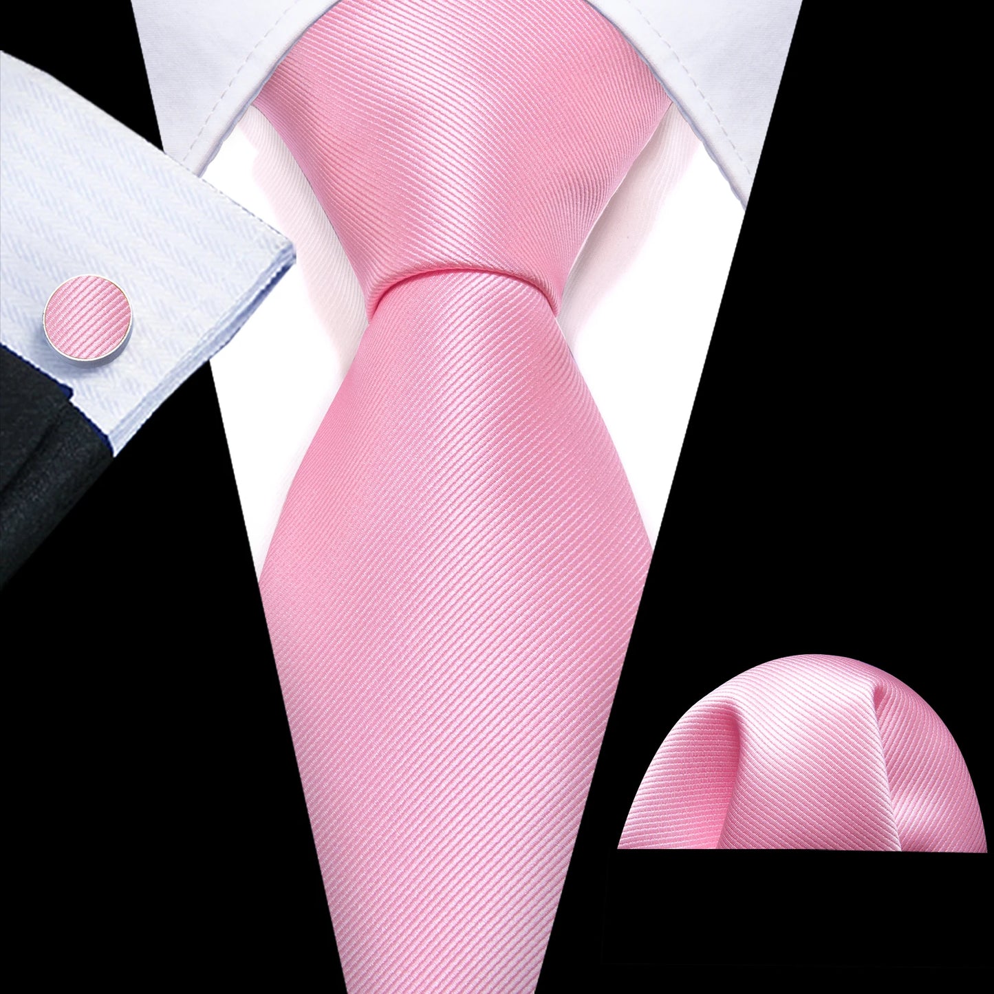 plain pink tie with matching cuff links and pocket square