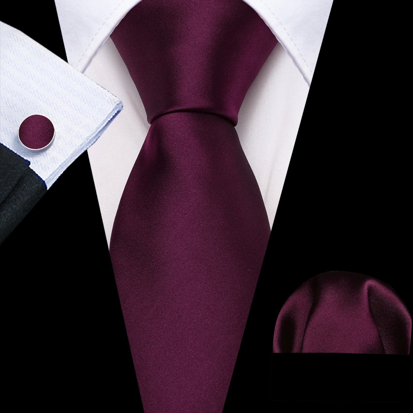 plain plum tie with cuff links and pocket square