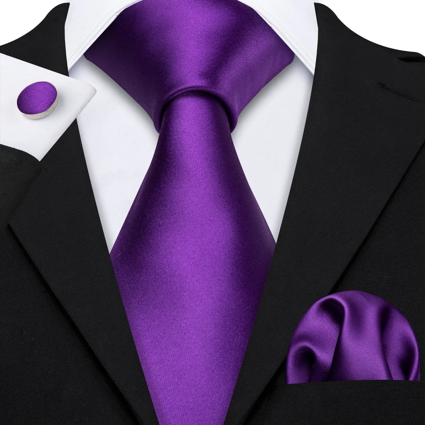 plain purple tie with matching cuff links and pocket square