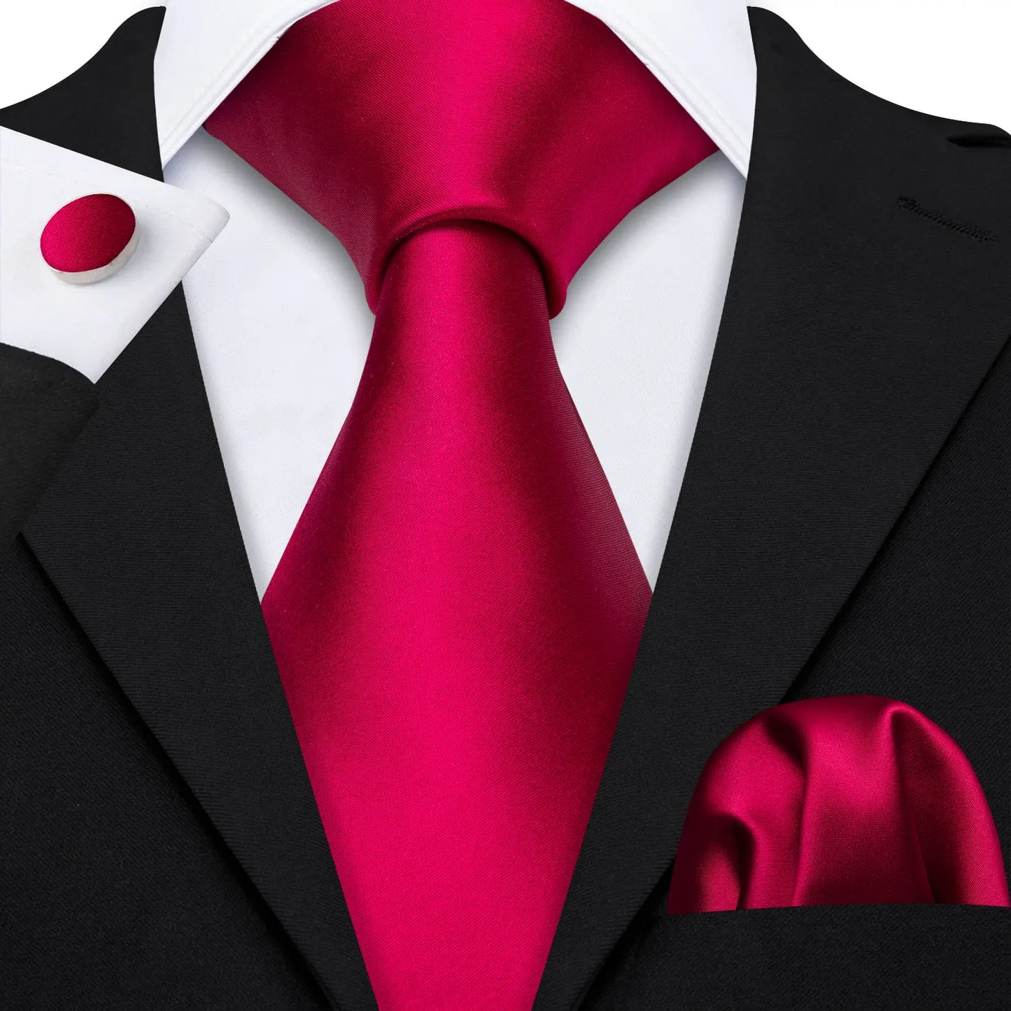 plain red tie with matching cuff links and pocket square