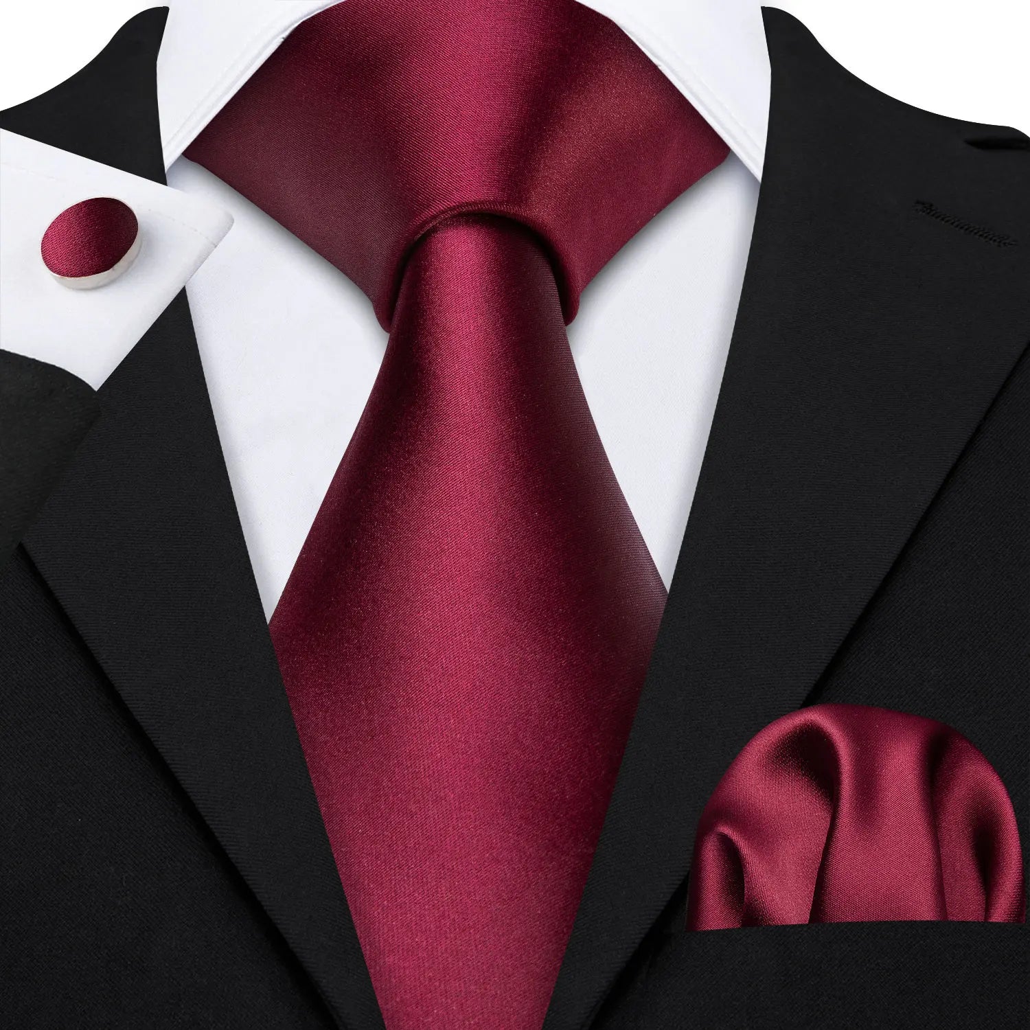 plain rose red tie with matching cuff links and pocket square