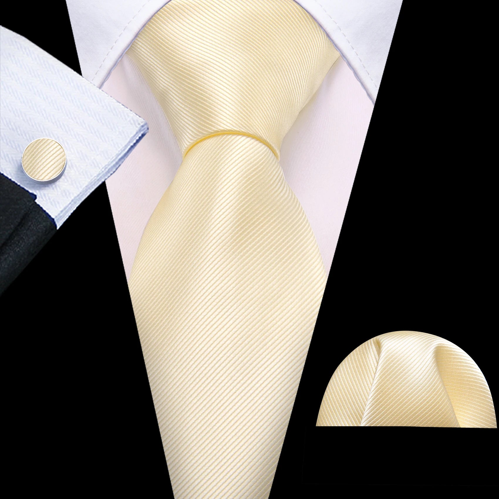 plain yellow tie with matching cuff links and pocket square