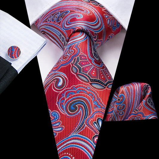 red and blue paisley tie with cuff links and pocket square