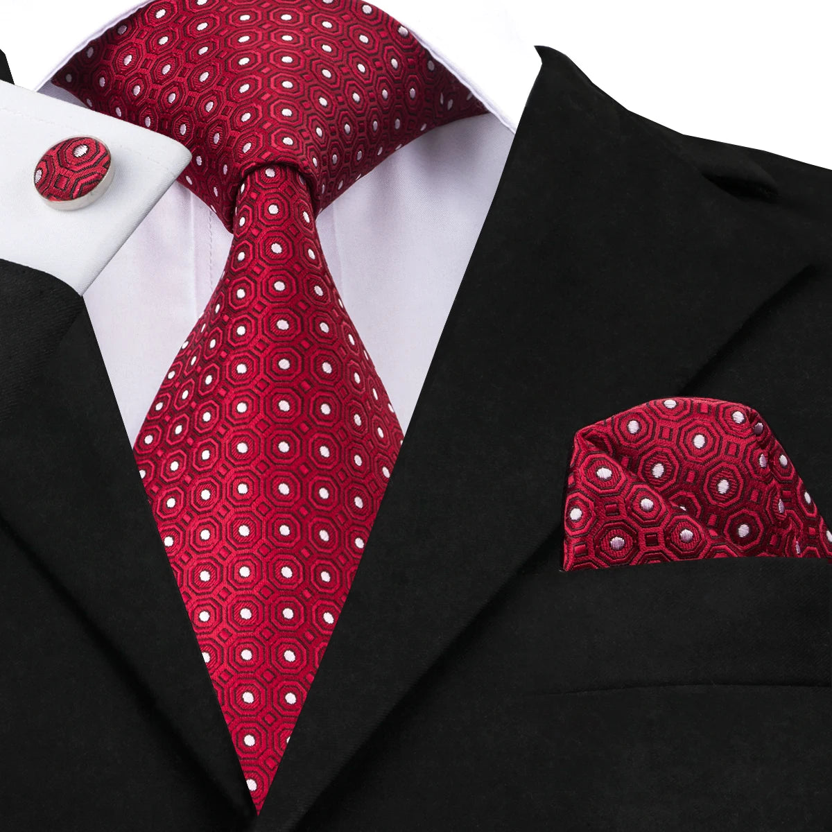 red geometric design tie with cuff links and pocket square