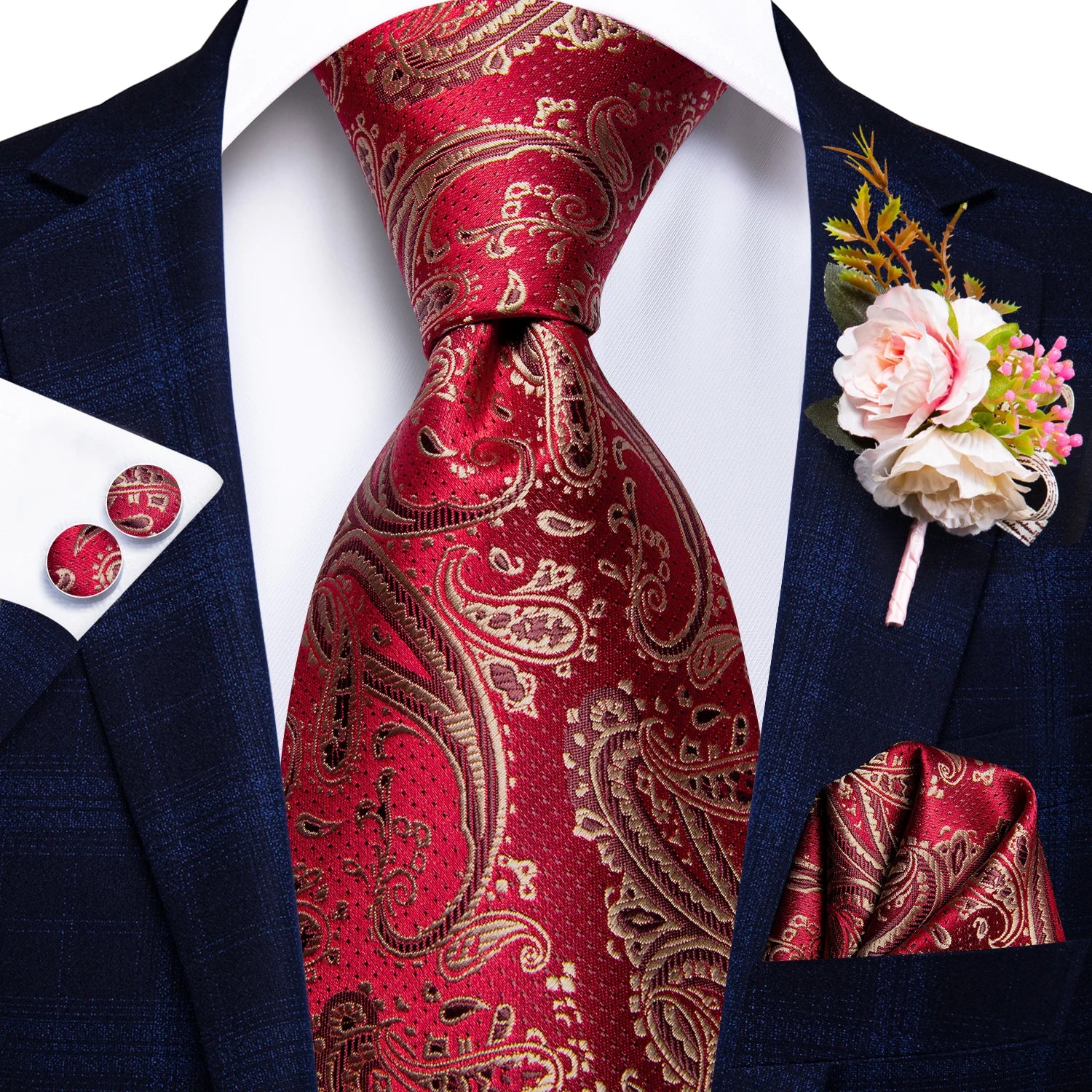 red paisley silk tie with matching cuff links and pocket square