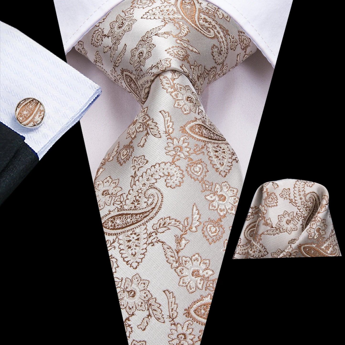 silver paisley tie with cuff links and pocket square