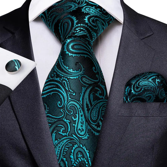 turquoise paisley design tie with matching cuff links and pocket square