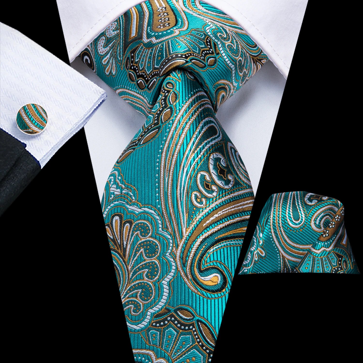 turquoise paisley tie with cuff links and pocket square