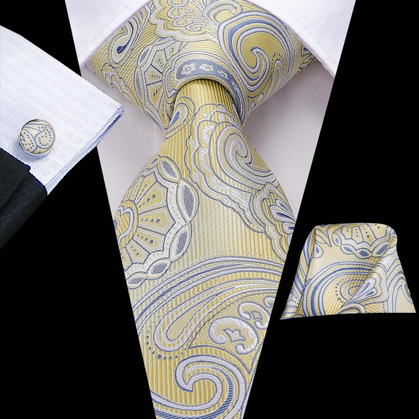 yellow paisley tie with cuff links and pocket square